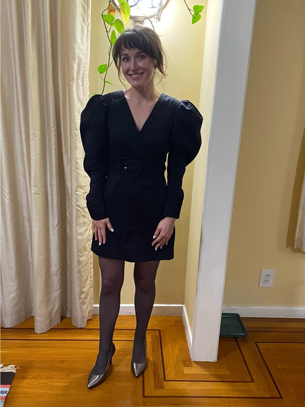 & Other Stories Black Puff-Sleeve V-Neck Belted Mini Dress